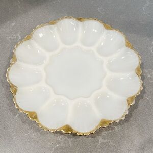 VINTAGE Anchor Hocking White Milk Glass Deviled Egg Plate Platter 10" w/Gold Rim